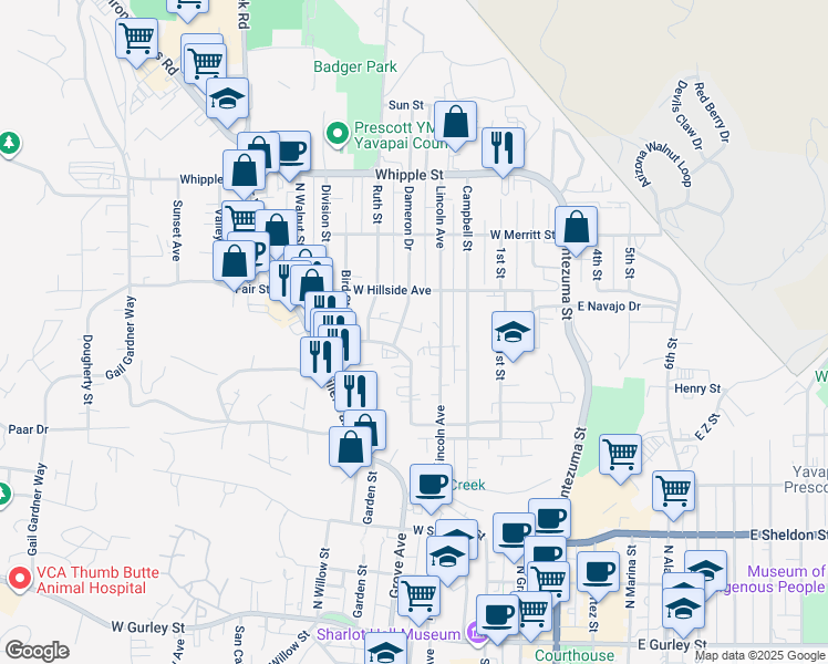 map of restaurants, bars, coffee shops, grocery stores, and more near 636 Dameron Drive in Prescott