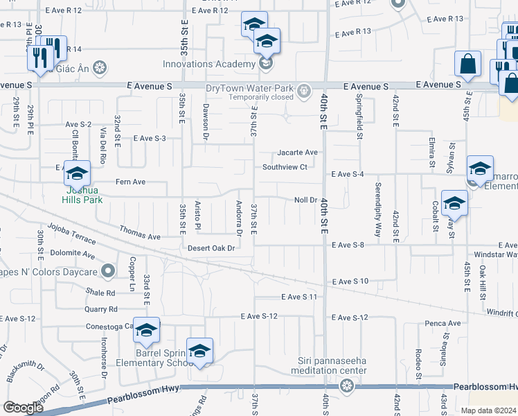 map of restaurants, bars, coffee shops, grocery stores, and more near 36902 37th Street East in Palmdale
