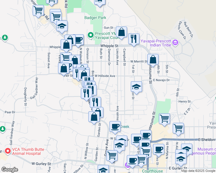 map of restaurants, bars, coffee shops, grocery stores, and more near 623 Dameron Drive in Prescott