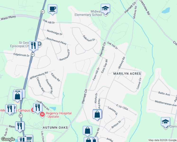 map of restaurants, bars, coffee shops, grocery stores, and more near 106 Ripplestone Way in Anderson