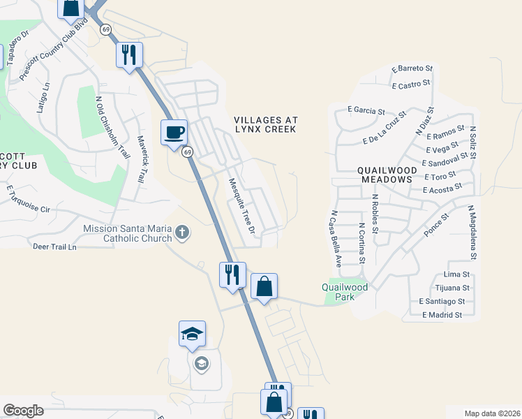 map of restaurants, bars, coffee shops, grocery stores, and more near 677 Wild Walnut Drive in Prescott Valley