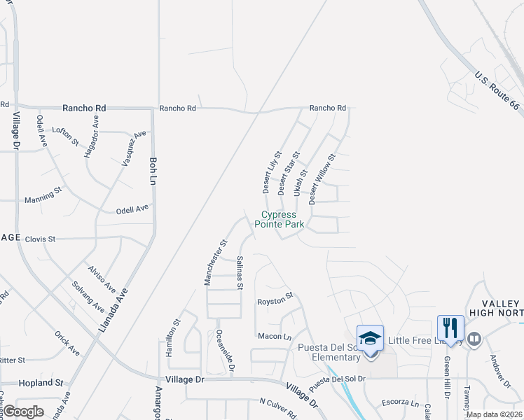 map of restaurants, bars, coffee shops, grocery stores, and more near 16636 Desert Lily Street in Victorville