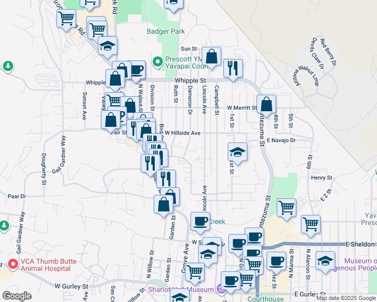 map of restaurants, bars, coffee shops, grocery stores, and more near 627 Dameron Drive in Prescott