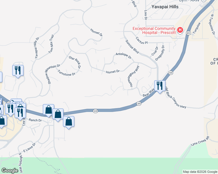 map of restaurants, bars, coffee shops, grocery stores, and more near 630 Cricket Circle in Prescott