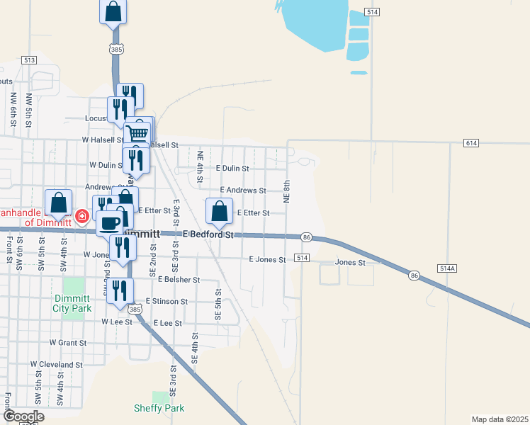 map of restaurants, bars, coffee shops, grocery stores, and more near 201 Northeast 7th Street in Dimmitt