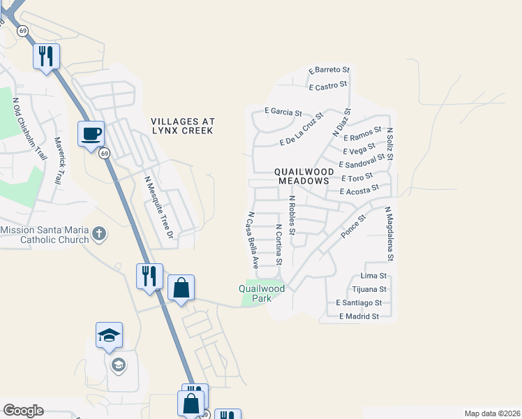 map of restaurants, bars, coffee shops, grocery stores, and more near 12688 East Amor Street in Prescott Valley