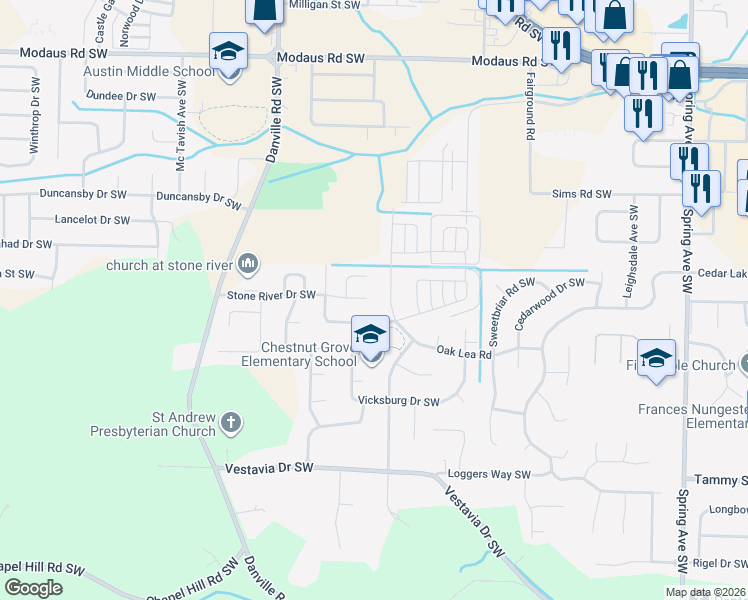 map of restaurants, bars, coffee shops, grocery stores, and more near 3001 Concord Lane Southwest in Decatur