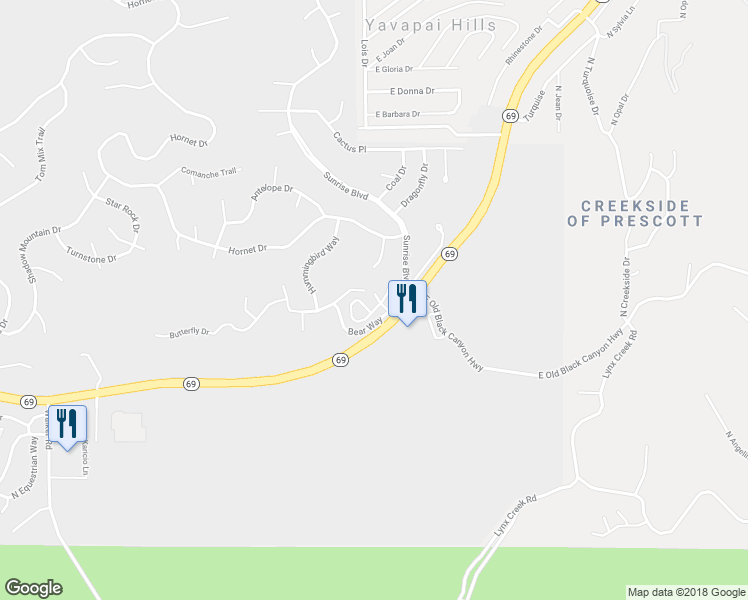 map of restaurants, bars, coffee shops, grocery stores, and more near 554 Pineview Drive in Prescott