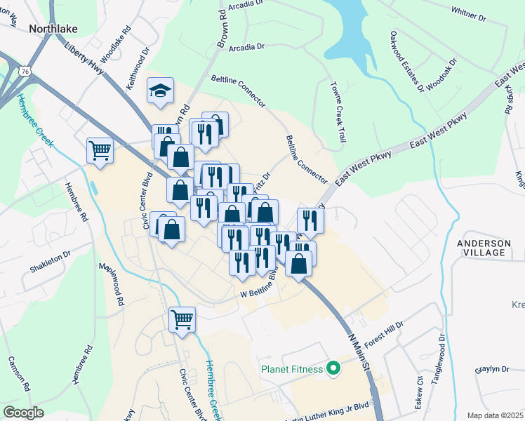 map of restaurants, bars, coffee shops, grocery stores, and more near 130 Fritz Drive in Anderson