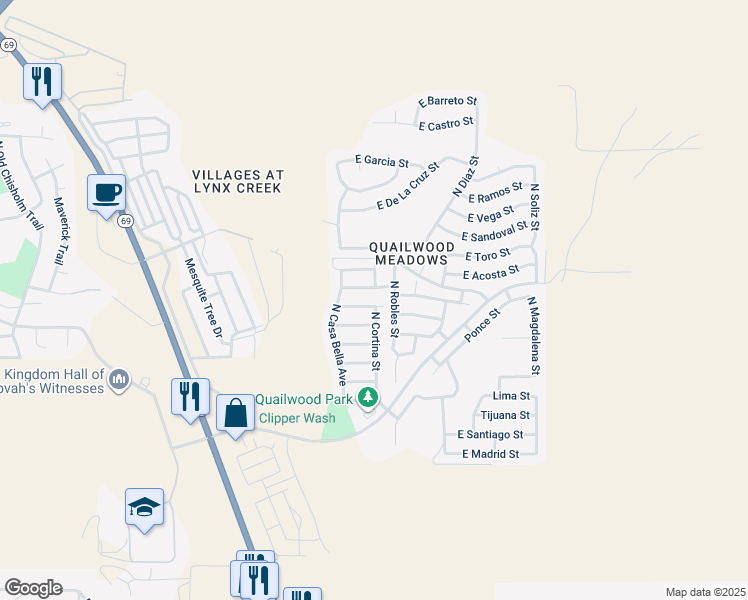map of restaurants, bars, coffee shops, grocery stores, and more near 12688 East Amor Street in Prescott Valley