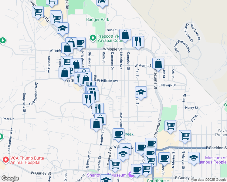 map of restaurants, bars, coffee shops, grocery stores, and more near 636 Dameron Drive in Prescott