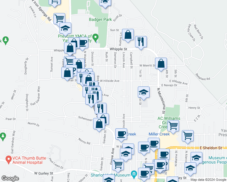 map of restaurants, bars, coffee shops, grocery stores, and more near 636 Dameron Drive in Prescott