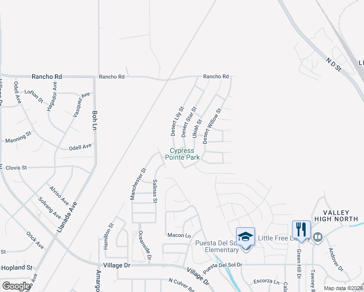 map of restaurants, bars, coffee shops, grocery stores, and more near 16604 Desert Star Street in Victorville