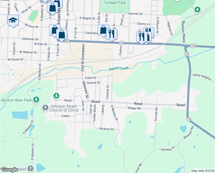 map of restaurants, bars, coffee shops, grocery stores, and more near Central Street in Benton