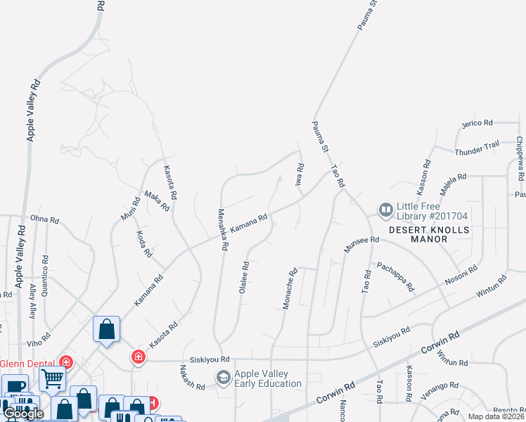 map of restaurants, bars, coffee shops, grocery stores, and more near 18541 Menahka Court in Apple Valley