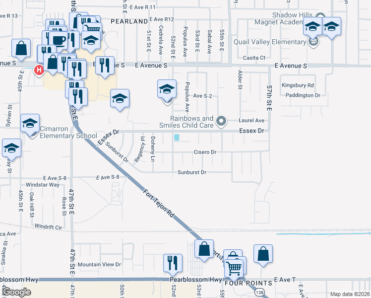 map of restaurants, bars, coffee shops, grocery stores, and more near 5231 Cisero Drive in Palmdale