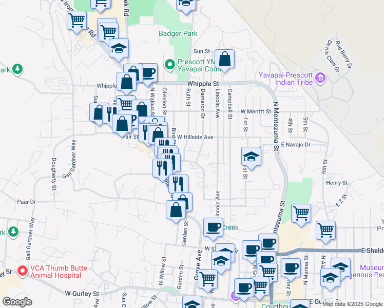 map of restaurants, bars, coffee shops, grocery stores, and more near 626 Ruth St in Prescott