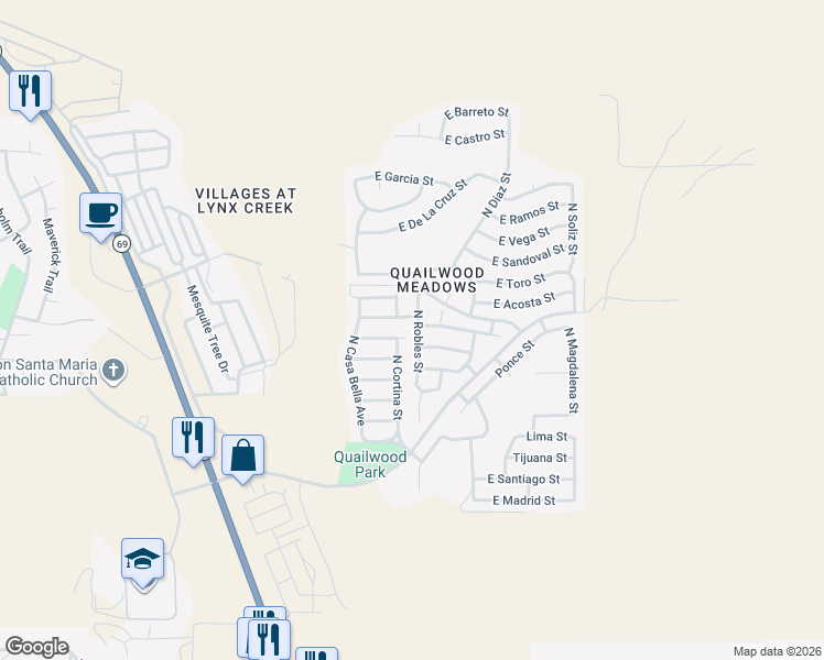 map of restaurants, bars, coffee shops, grocery stores, and more near 679 North Robles Street in Prescott Valley