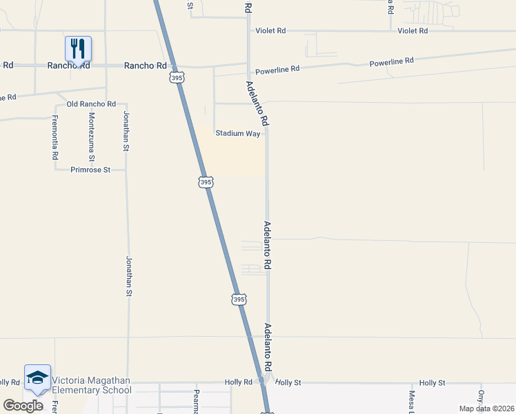 map of restaurants, bars, coffee shops, grocery stores, and more near 16622 Adelanto Road in Adelanto