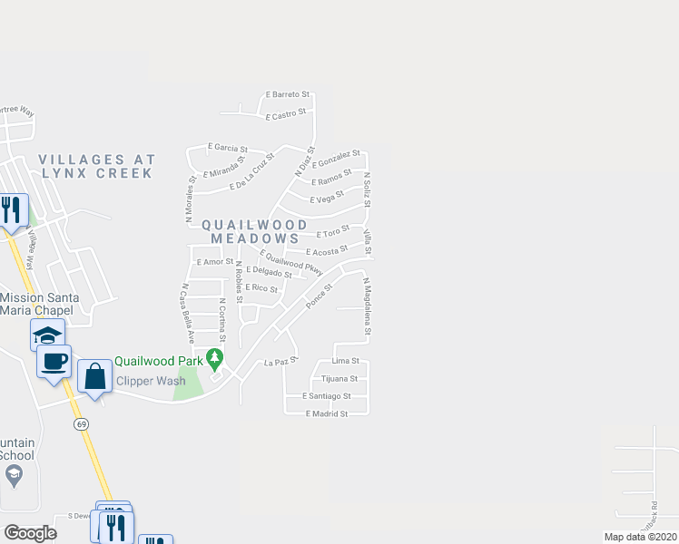 map of restaurants, bars, coffee shops, grocery stores, and more near 13054 Ponce Street in Prescott Valley