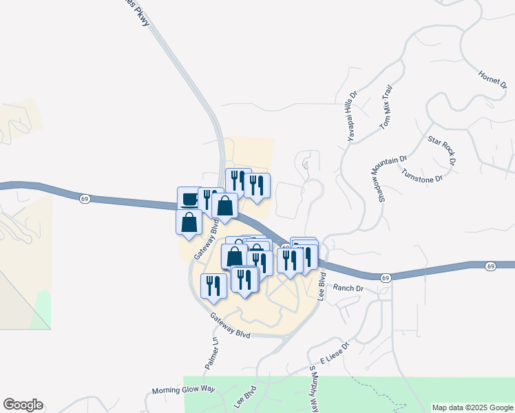 map of restaurants, bars, coffee shops, grocery stores, and more near 3060 Highway 69 in Prescott