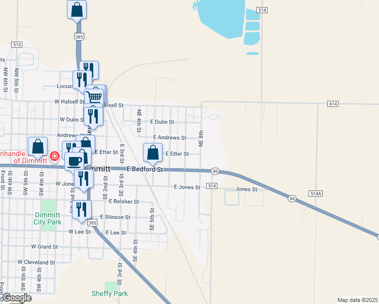 map of restaurants, bars, coffee shops, grocery stores, and more near 201-299 Northeast 7th Street in Dimmitt