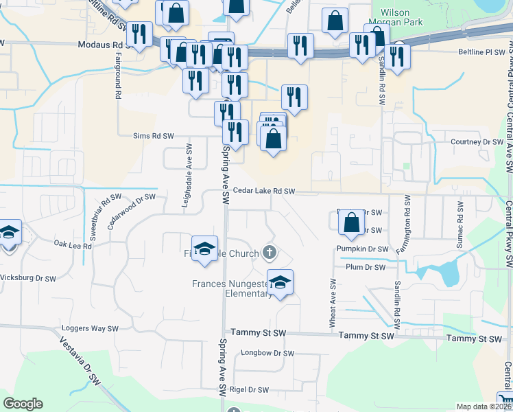 map of restaurants, bars, coffee shops, grocery stores, and more near 807 Cedar Lake Road Southwest in Decatur