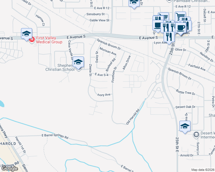 map of restaurants, bars, coffee shops, grocery stores, and more near 1912 Dahlia Court in Palmdale
