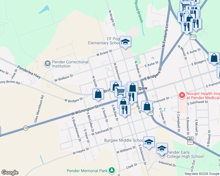 map of restaurants, bars, coffee shops, grocery stores, and more near 207 North Mcrae Street in Burgaw