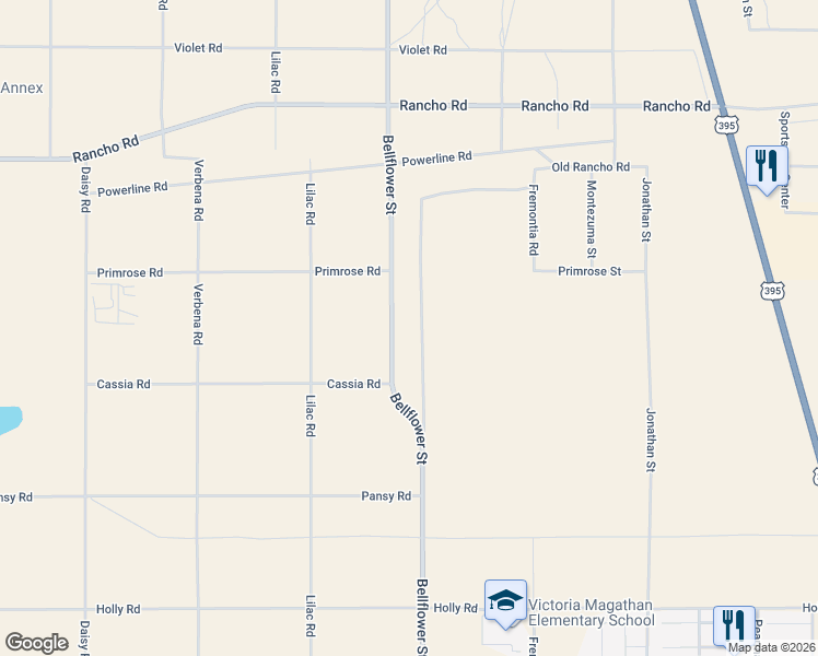 map of restaurants, bars, coffee shops, grocery stores, and more near 16681 Bellflower Street in Adelanto