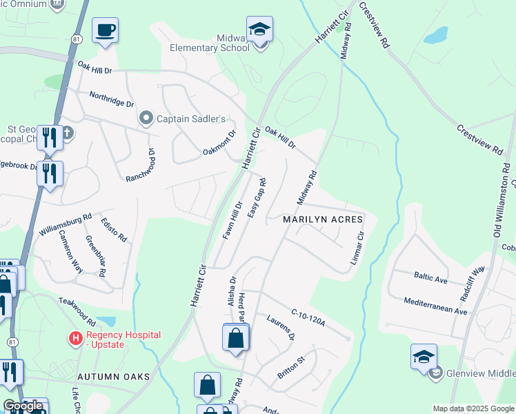 map of restaurants, bars, coffee shops, grocery stores, and more near 146 Easy Gap Road in Anderson