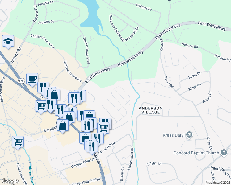 map of restaurants, bars, coffee shops, grocery stores, and more near 124 Elmhurst Lane in Anderson