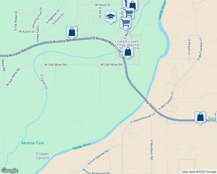 map of restaurants, bars, coffee shops, grocery stores, and more near 1164 Afton Lane in Camp Verde