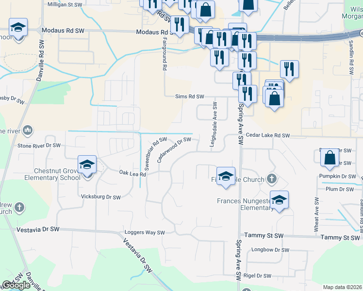 map of restaurants, bars, coffee shops, grocery stores, and more near 1012 Cedarwood Drive Southwest in Decatur