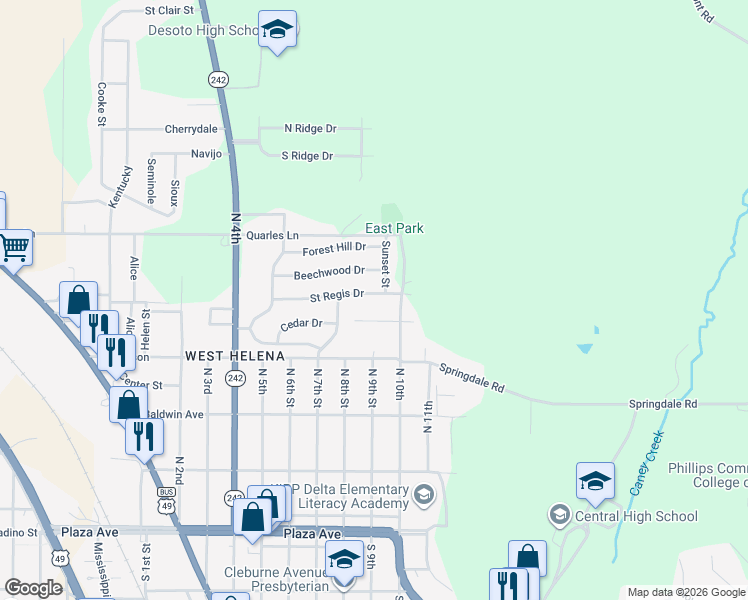map of restaurants, bars, coffee shops, grocery stores, and more near 724 Saint Regis Drive in Helena-West Helena
