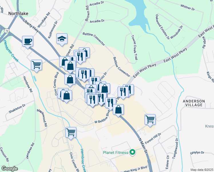 map of restaurants, bars, coffee shops, grocery stores, and more near 130 Fritz Drive in Anderson