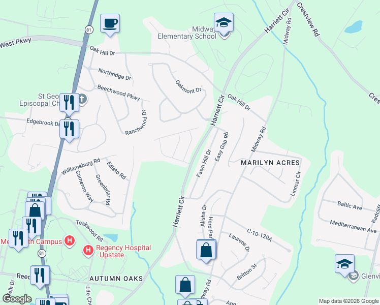 map of restaurants, bars, coffee shops, grocery stores, and more near 106 Ripplestone Way in Anderson