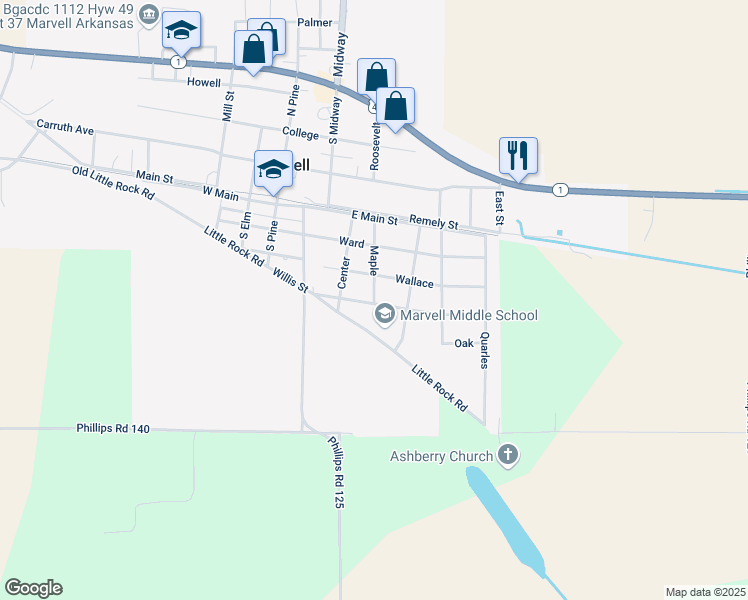 map of restaurants, bars, coffee shops, grocery stores, and more near 402 Willis Street in Marvell