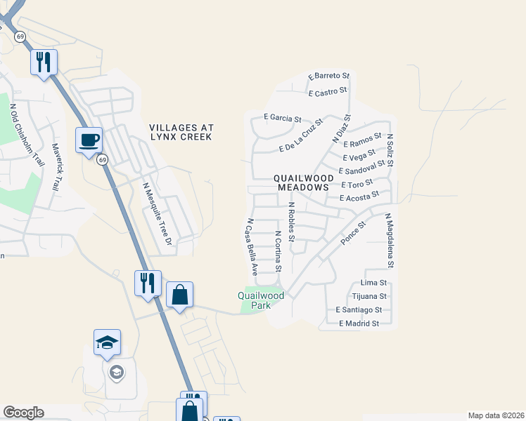 map of restaurants, bars, coffee shops, grocery stores, and more near 12673 East Amor Street in Prescott Valley