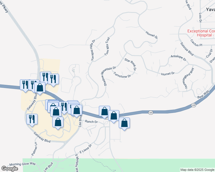 map of restaurants, bars, coffee shops, grocery stores, and more near 4715 Rock Wren Court in Prescott