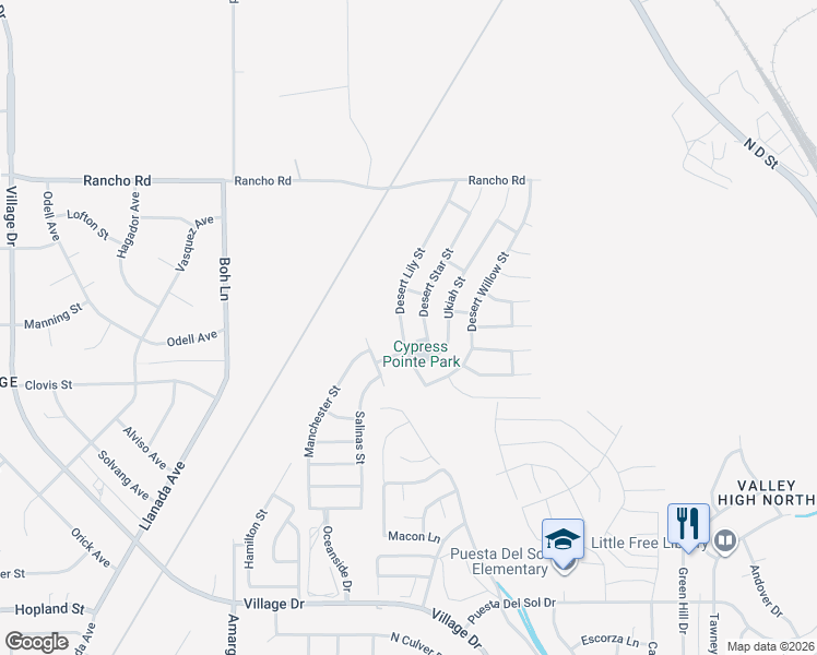 map of restaurants, bars, coffee shops, grocery stores, and more near 16617 Desert Lily Street in Victorville