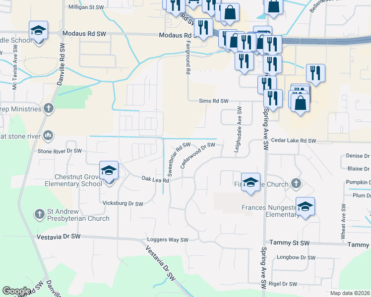 map of restaurants, bars, coffee shops, grocery stores, and more near 3113 Sweetbriar Road Southwest in Decatur