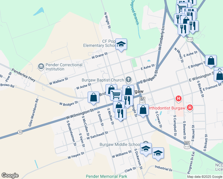 map of restaurants, bars, coffee shops, grocery stores, and more near 200 West Bridgers Street in Burgaw