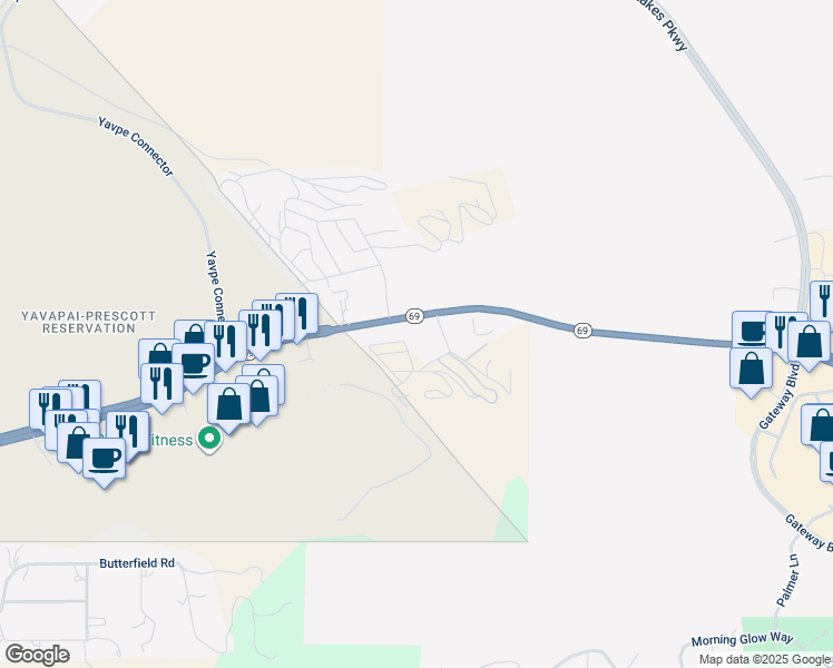 map of restaurants, bars, coffee shops, grocery stores, and more near 2313 East Highway 69 in Prescott