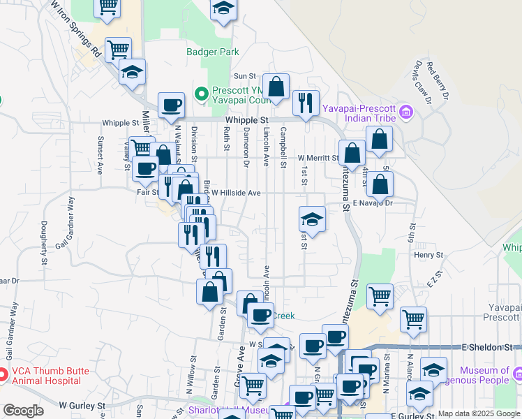 map of restaurants, bars, coffee shops, grocery stores, and more near 626 Lincoln Avenue in Prescott
