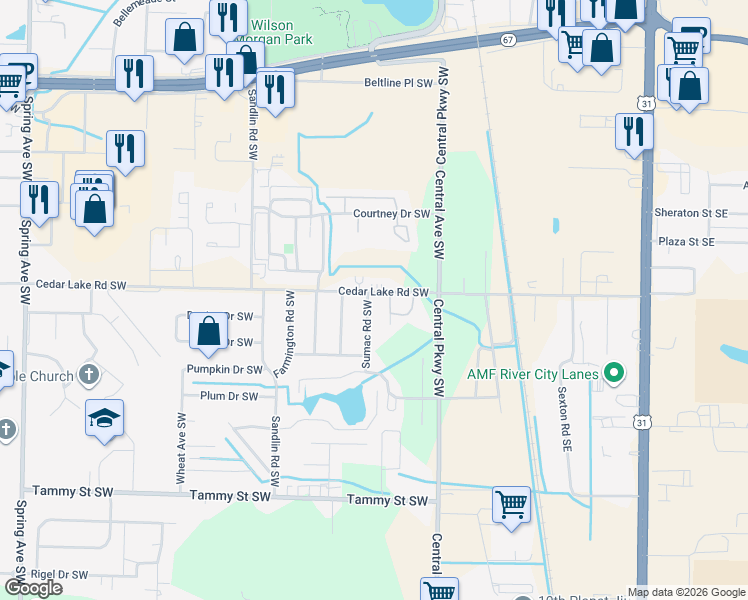 map of restaurants, bars, coffee shops, grocery stores, and more near 3002 Sumac Road Southwest in Decatur