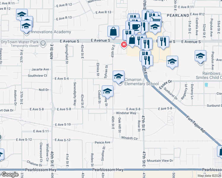 map of restaurants, bars, coffee shops, grocery stores, and more near 36921 45th Street East in Palmdale