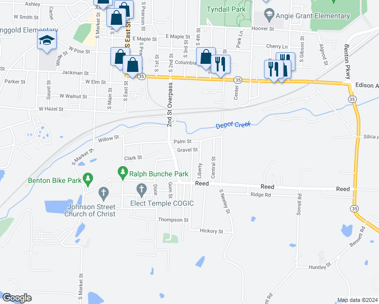 map of restaurants, bars, coffee shops, grocery stores, and more near 607 Gravel Street in Benton