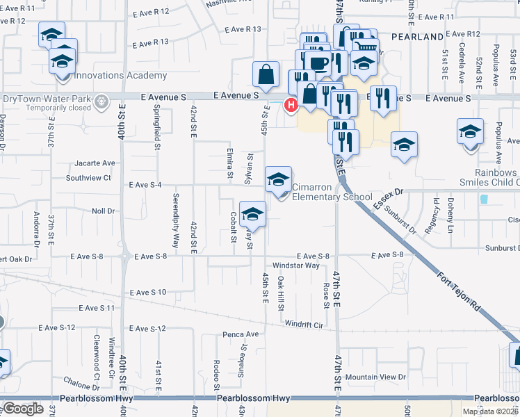map of restaurants, bars, coffee shops, grocery stores, and more near 36921 45th Street East in Palmdale