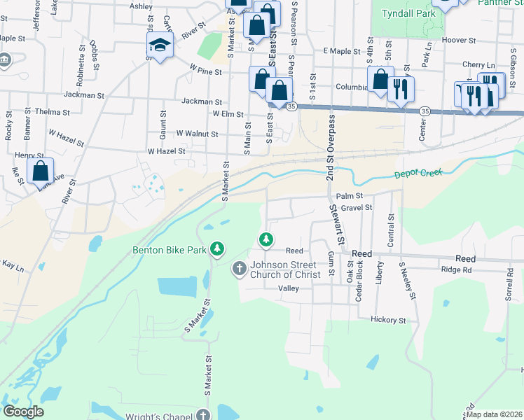 map of restaurants, bars, coffee shops, grocery stores, and more near 1105 South East Street in Benton